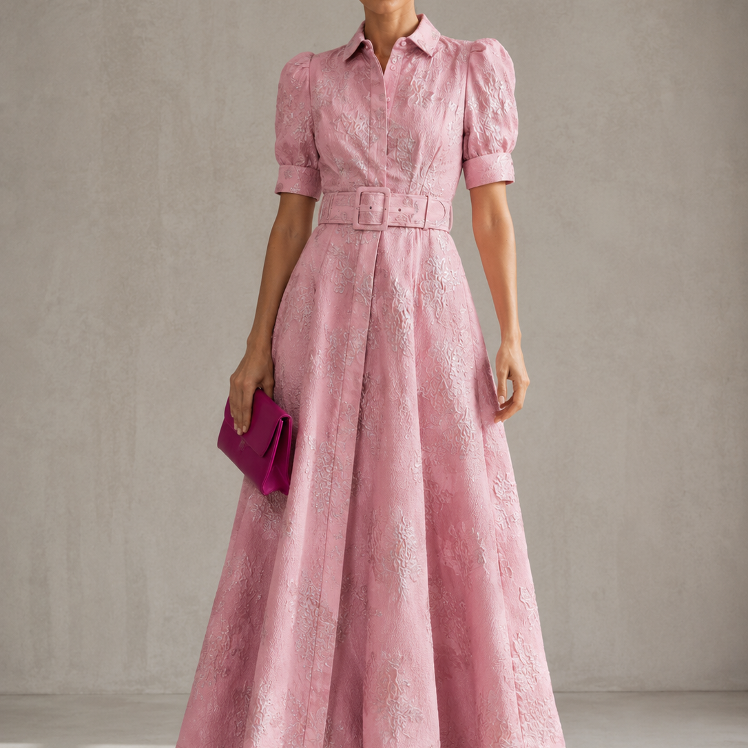 Aria belted dress with balloon sleeves, front view