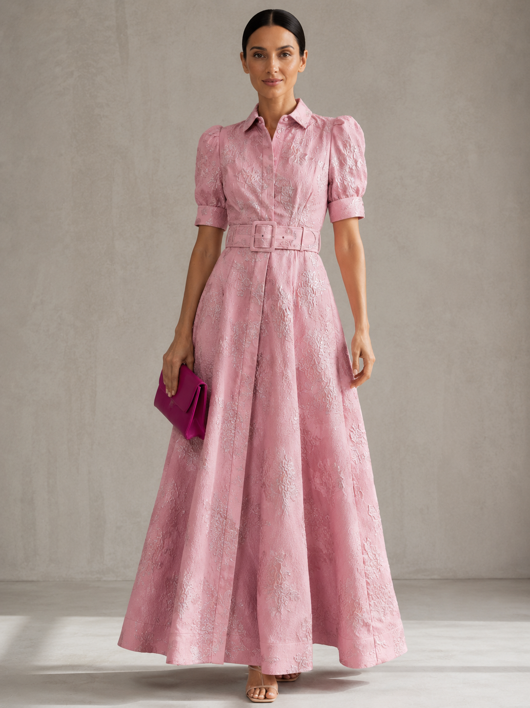 Aria belted dress with balloon sleeves, front view