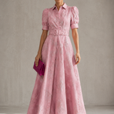 Aria belted dress with balloon sleeves, front view