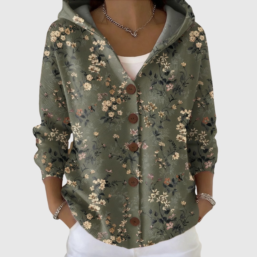 Marnie green floral hooded cardigan, front view