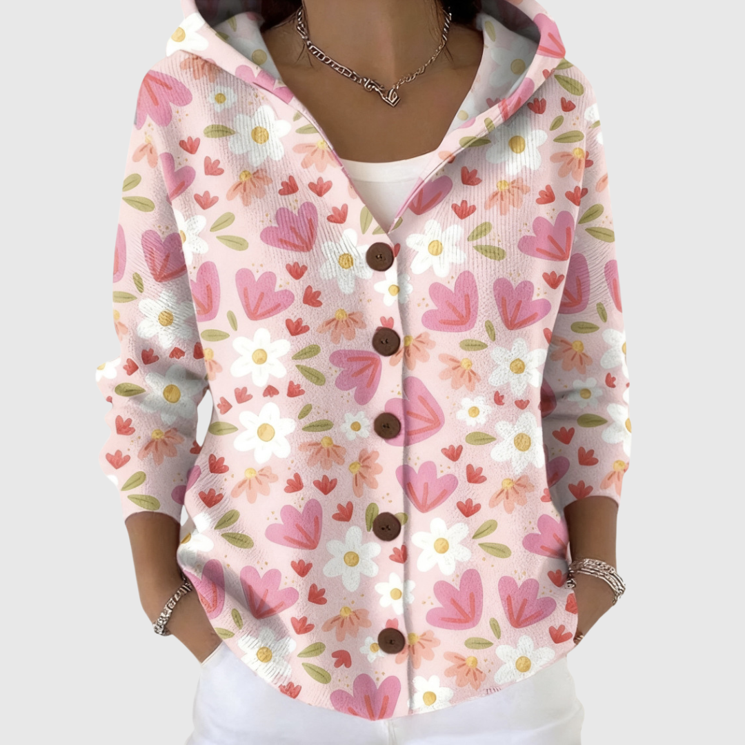 Marnie pink heart and flower hooded cardigan, front view