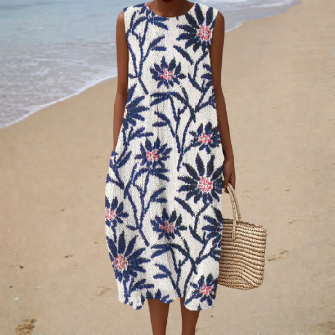 Comfortable Sleeveless Summer Dress, navy floral vine print, front view