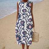 Comfortable Sleeveless Summer Dress, navy floral vine print, front view