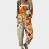 Floral print dungarees, front view