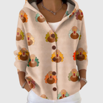Joanna turkey print hooded cardigan, front view