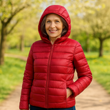 Metta red hooded puffer jacket, front view