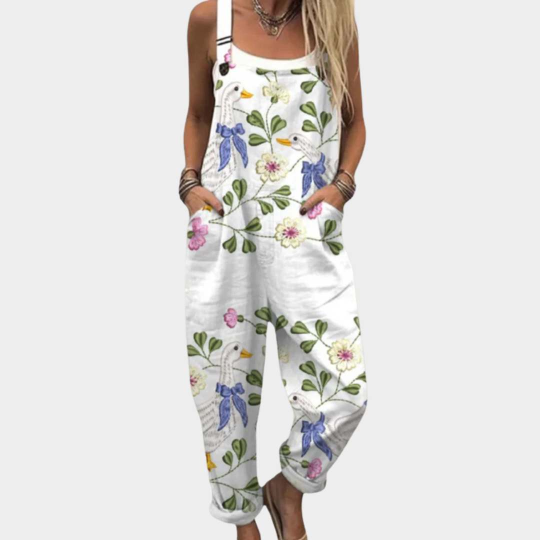 Comfortable White Bow and Flower Print Dungarees, front view
