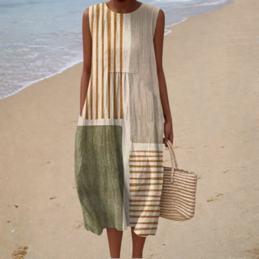 Comfortable Sleeveless Summer Dress, olive patchwork stripe, front view