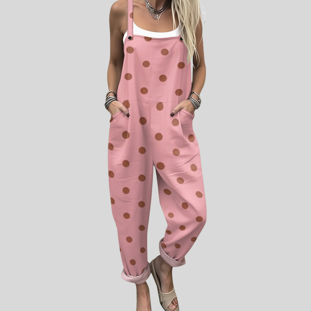 Light and Cheerful Pink Polka Dot Dungarees, front view