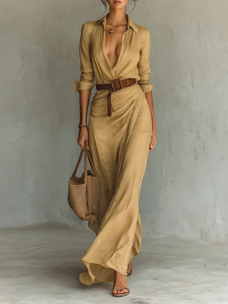 Amira elegant wrap maxi dress in Khaki, front view