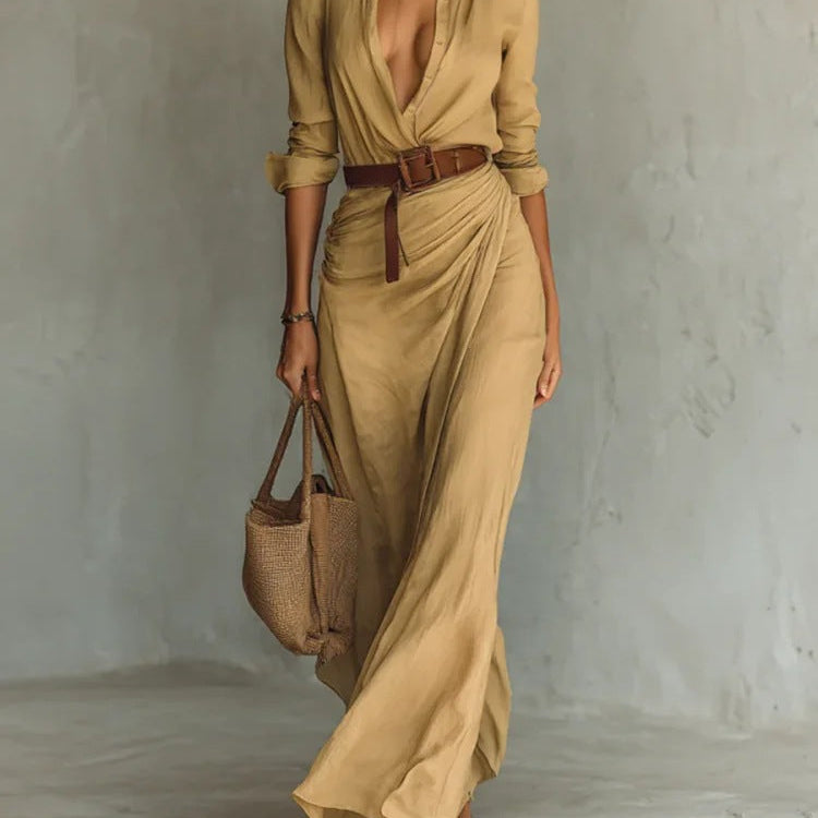 Amira elegant wrap maxi dress in Khaki, front view