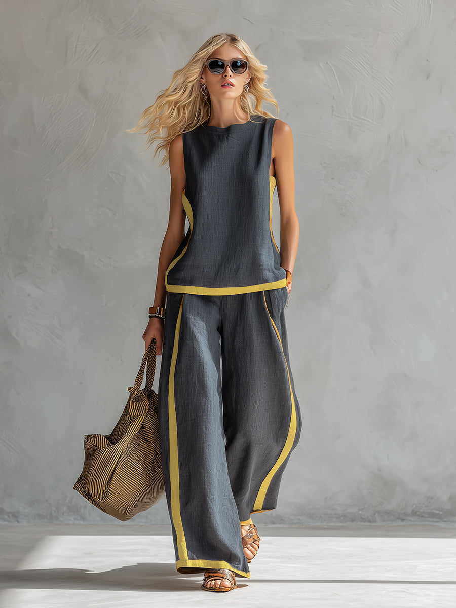 Leila elegant sleeveless trouser set in Grey, front view