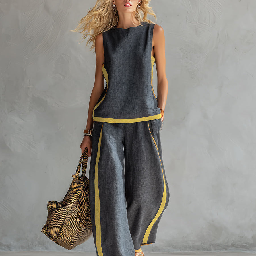 Leila elegant sleeveless trouser set in Grey, front view