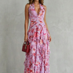 Belladina rose print halter maxi dress, view 3
