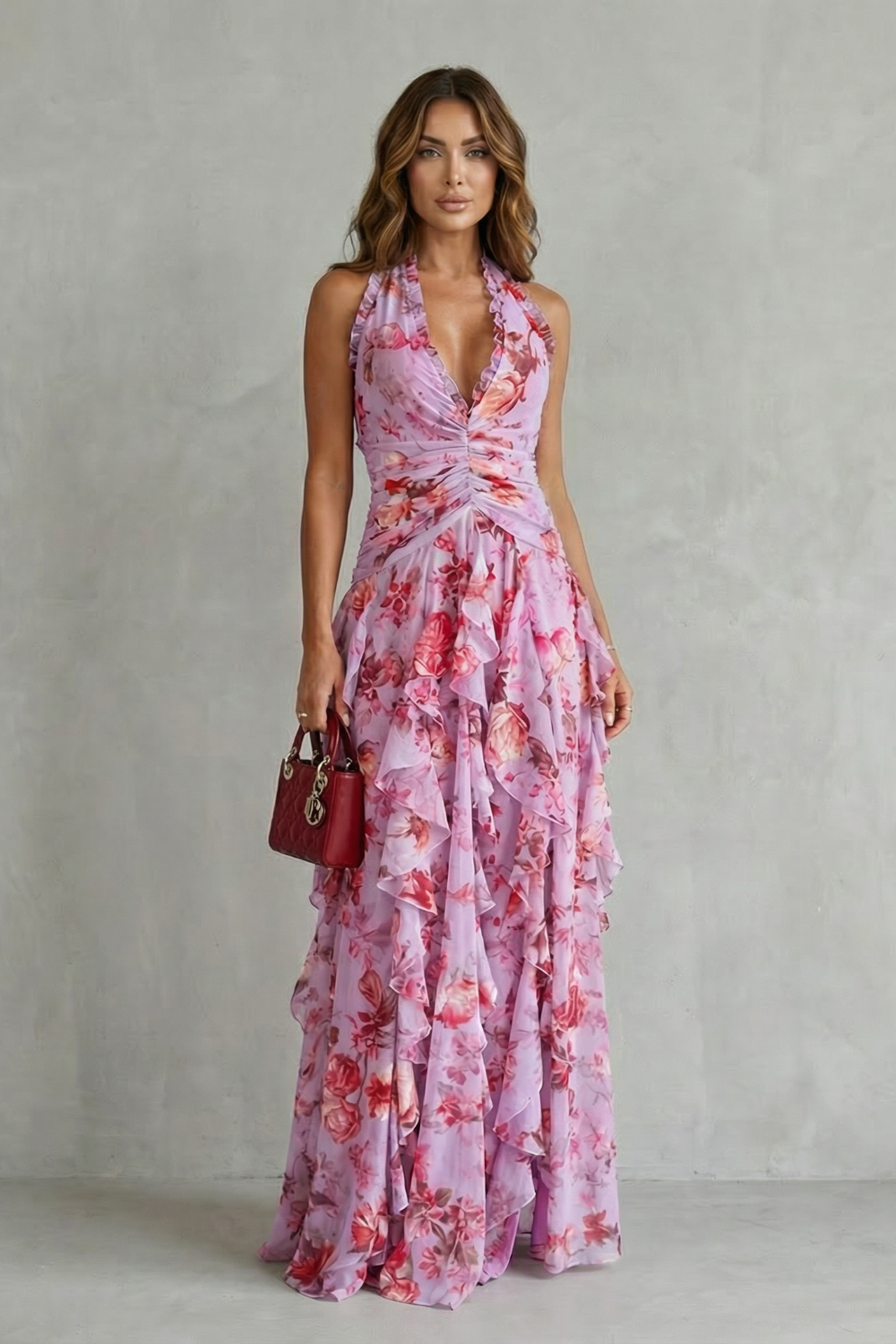 Belladina rose print halter maxi dress, view 3