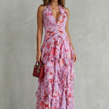Belladina rose print halter maxi dress, view 3