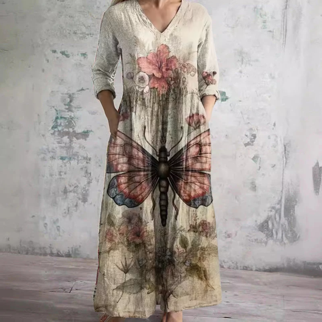 Evelyn floral maxi dress in Beige, front view