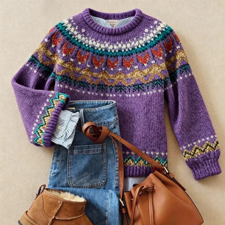 Silvia purple Nordic knit jumper, front view