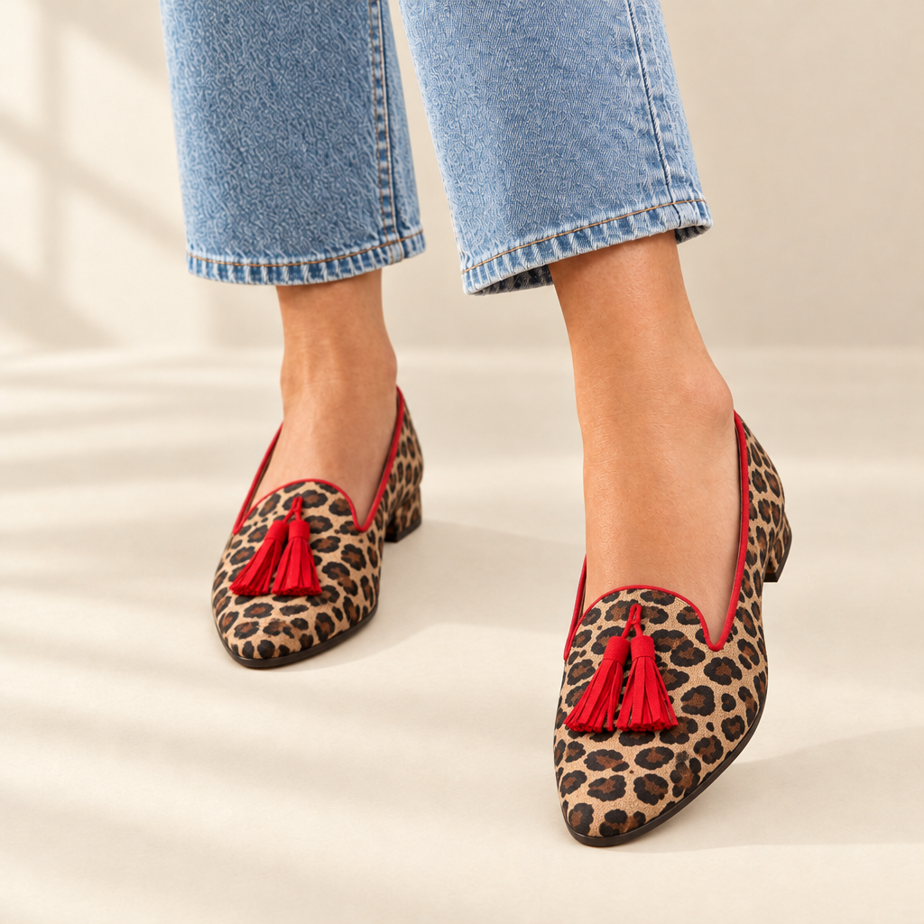 Gelly red tassel leopard flats, view 2