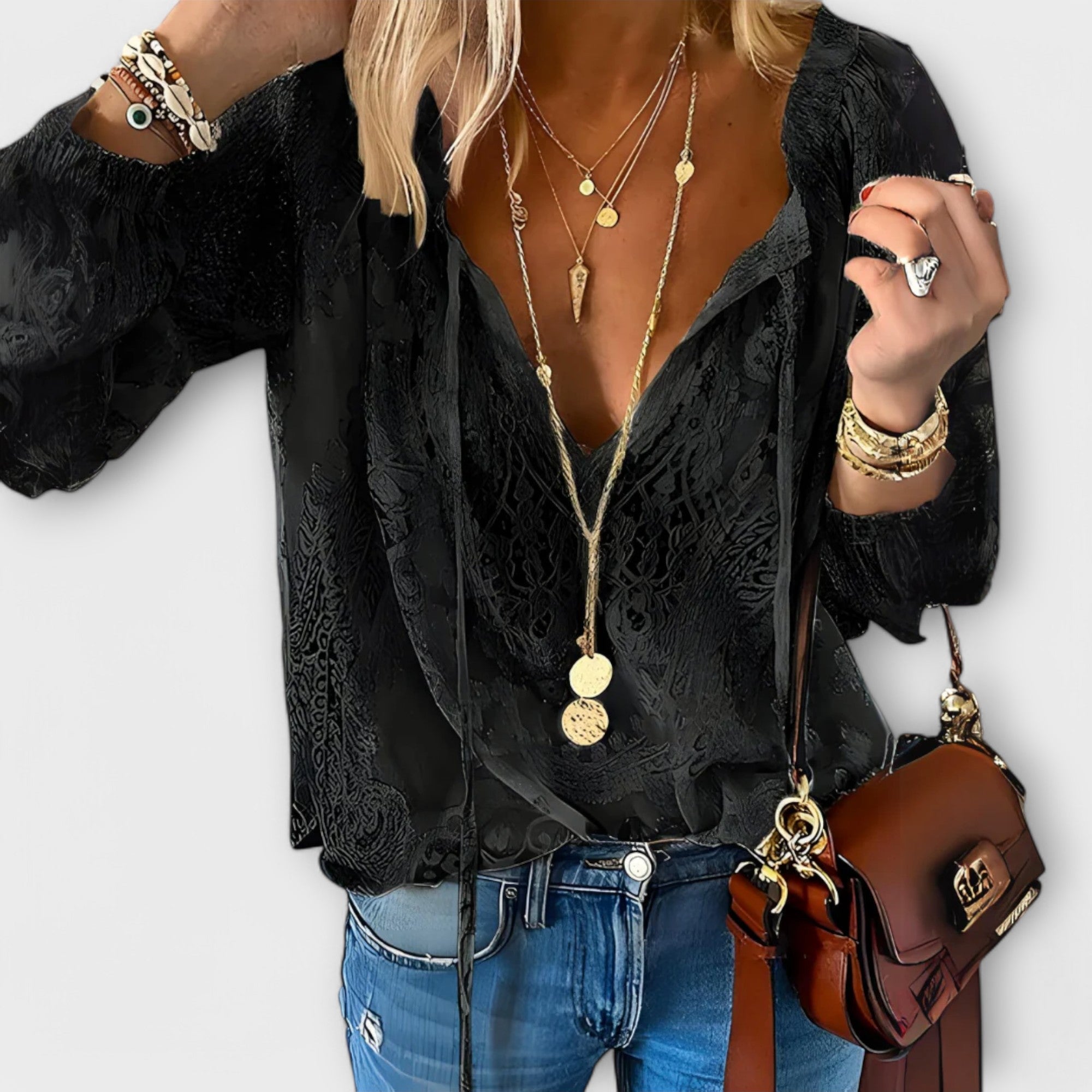 Brunetta lace tie-neck blouse in Black, view 2