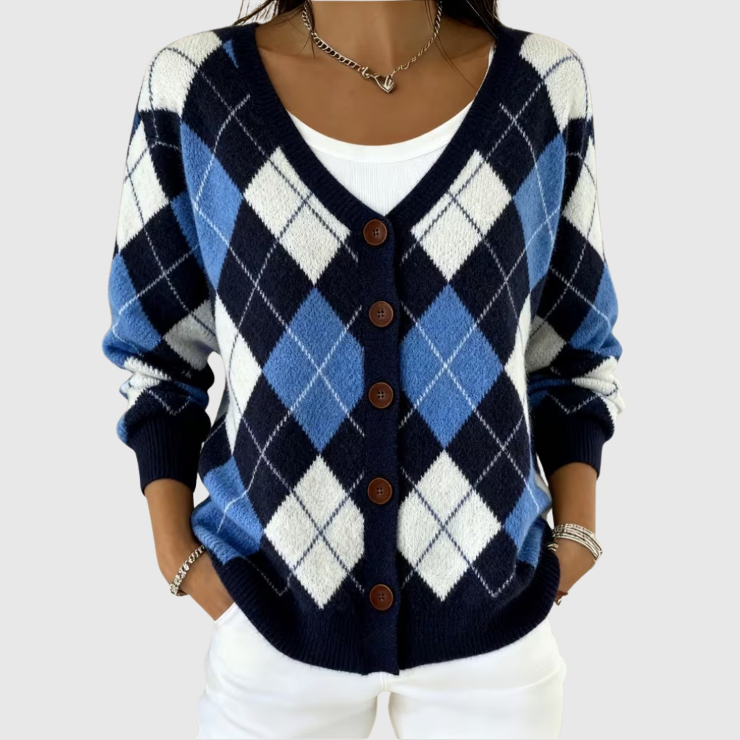 Freya navy argyle cardigan with buttons, front view