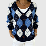 Freya navy argyle cardigan with buttons, front view