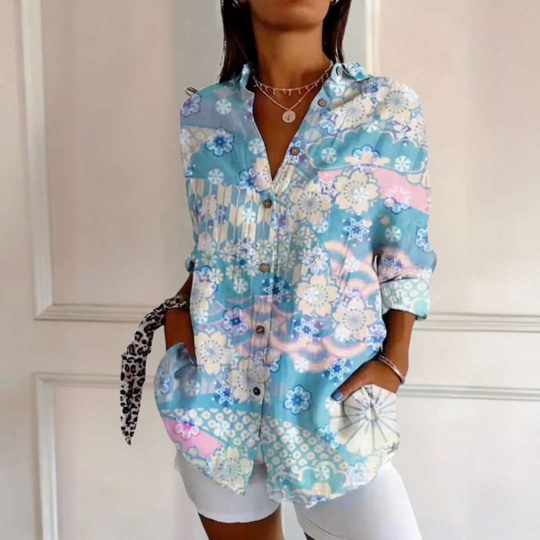 Peyton blue patchwork floral blouse in Multicolour, front view