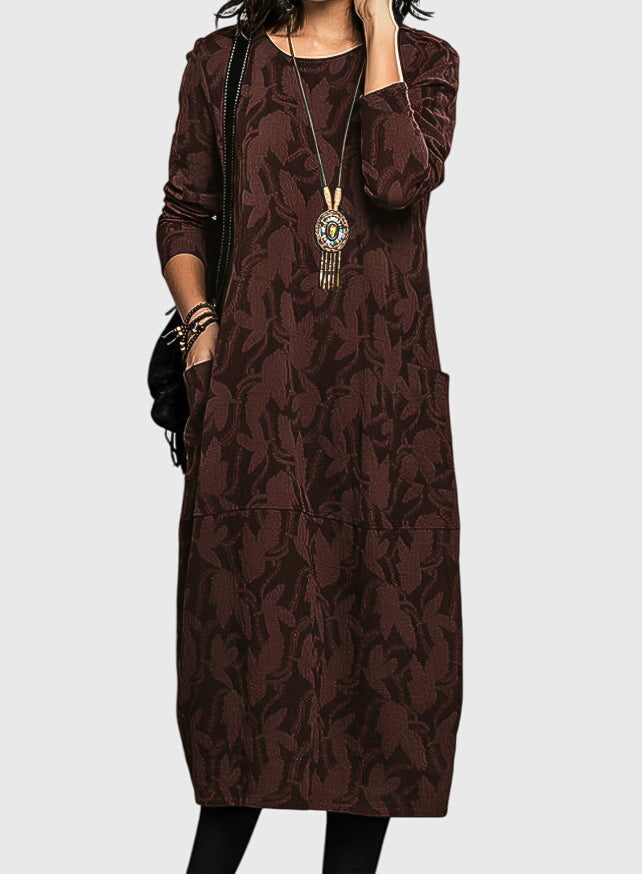 Victoria casual round neck midi dress in Wine Red, view 2