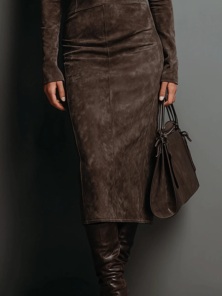 Ava suede look high neck midi dress, view 5