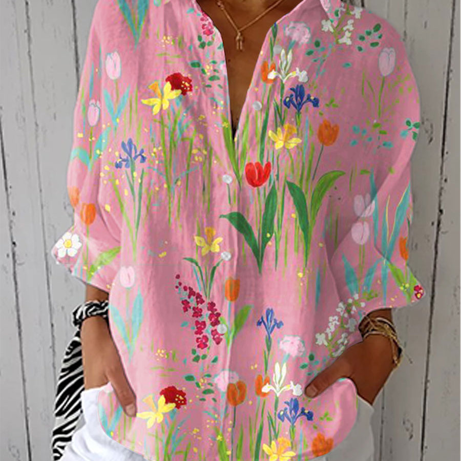 Fiona spring garden floral blouse in Pink, front view