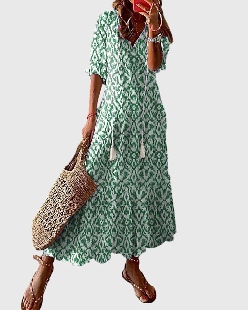 Amalia boho vintage print summer dress in Green, view 2