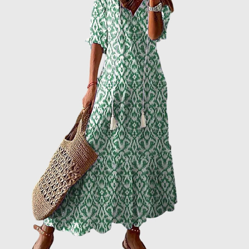 Amalia boho vintage print summer dress in Green, view 2