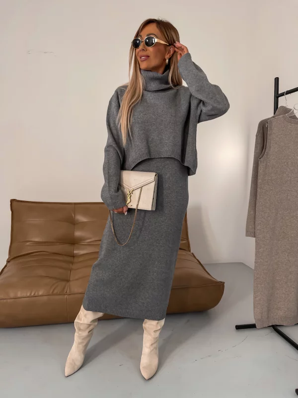 Erin knit midi dress and roll neck jumper set in Grey, view 5