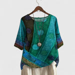 Auralie patchwork print boho top in Green, view 3