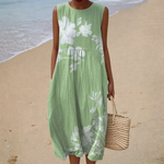Comfortable Sleeveless Summer Dress, sage green floral, front view