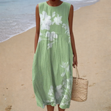 Comfortable Sleeveless Summer Dress, sage green floral, front view