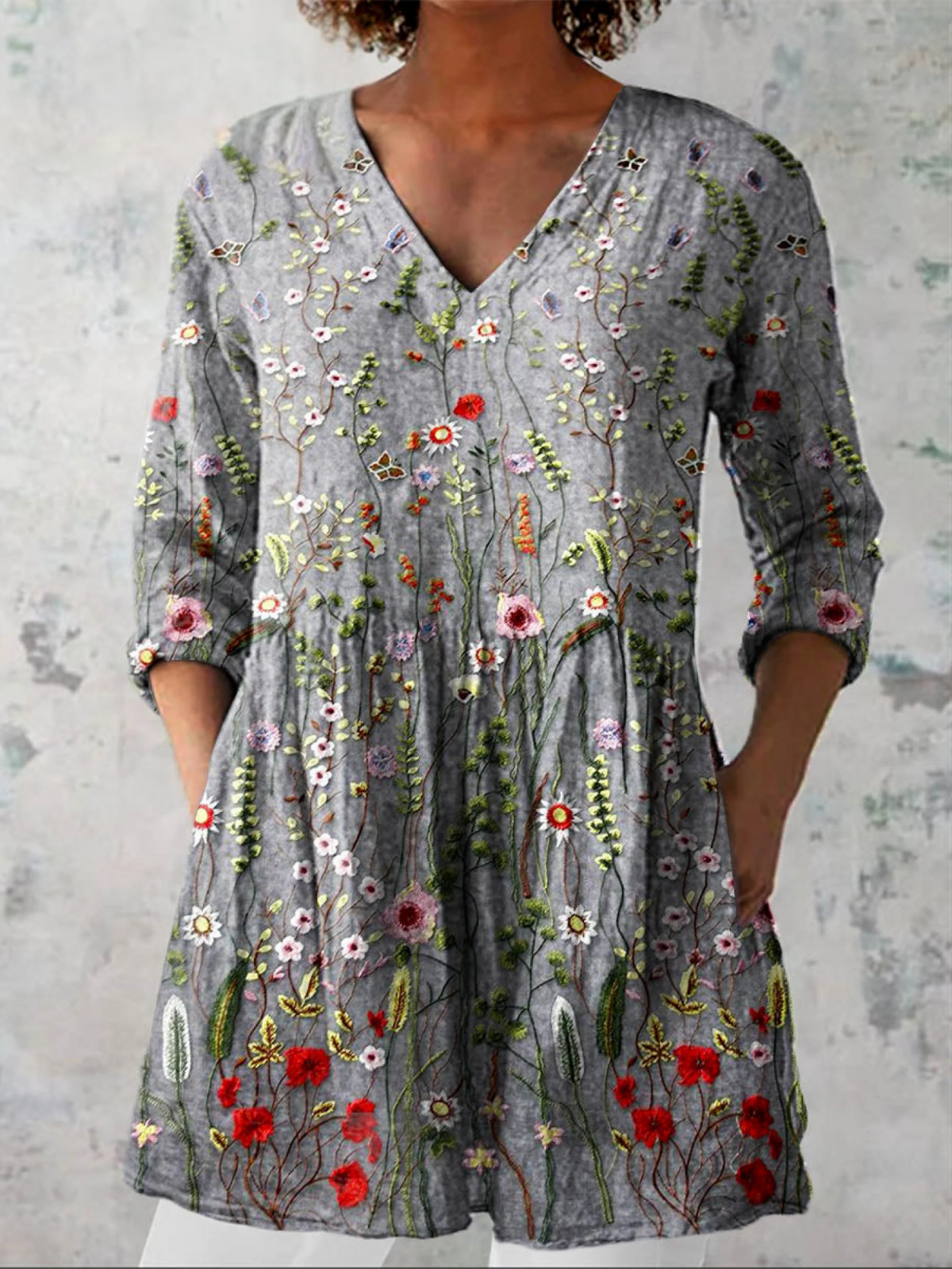 Amelie grey muted print V-neck blouse, front view