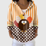 Elizabeth turkey and polka dot hooded cardigan, front view