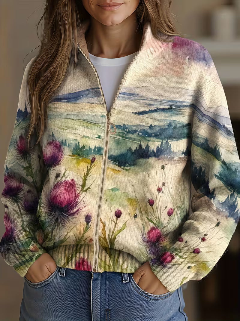 Averil Scottish thistle zip-up cardigan, front view