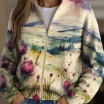 Averil Scottish thistle zip-up cardigan, front view