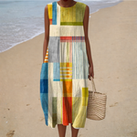 Comfortable Sleeveless Summer Dress, colour block patchwork print, front view