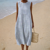 Comfortable Sleeveless Summer Dress, blue pinstripe, front view