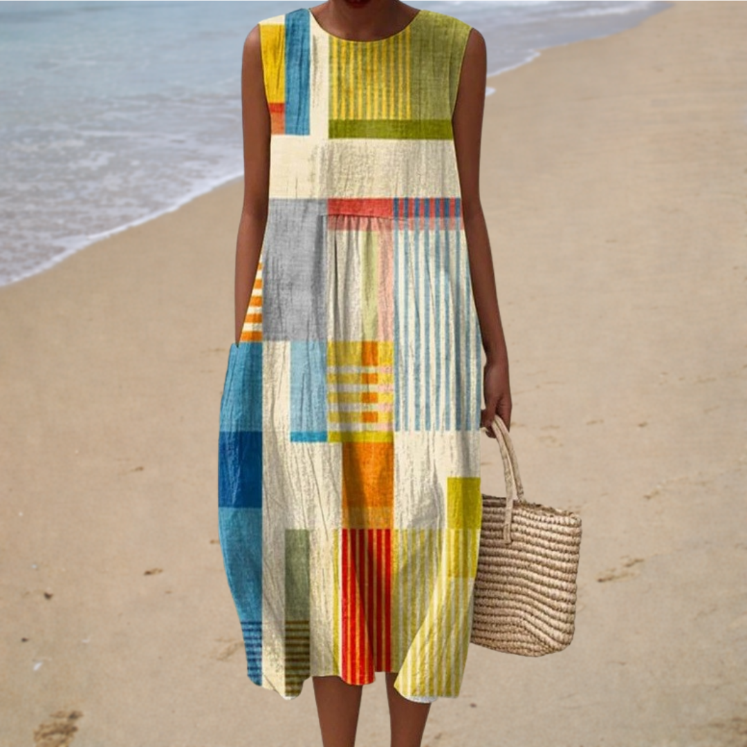 Comfortable Sleeveless Summer Dress, colour block patchwork print, front view