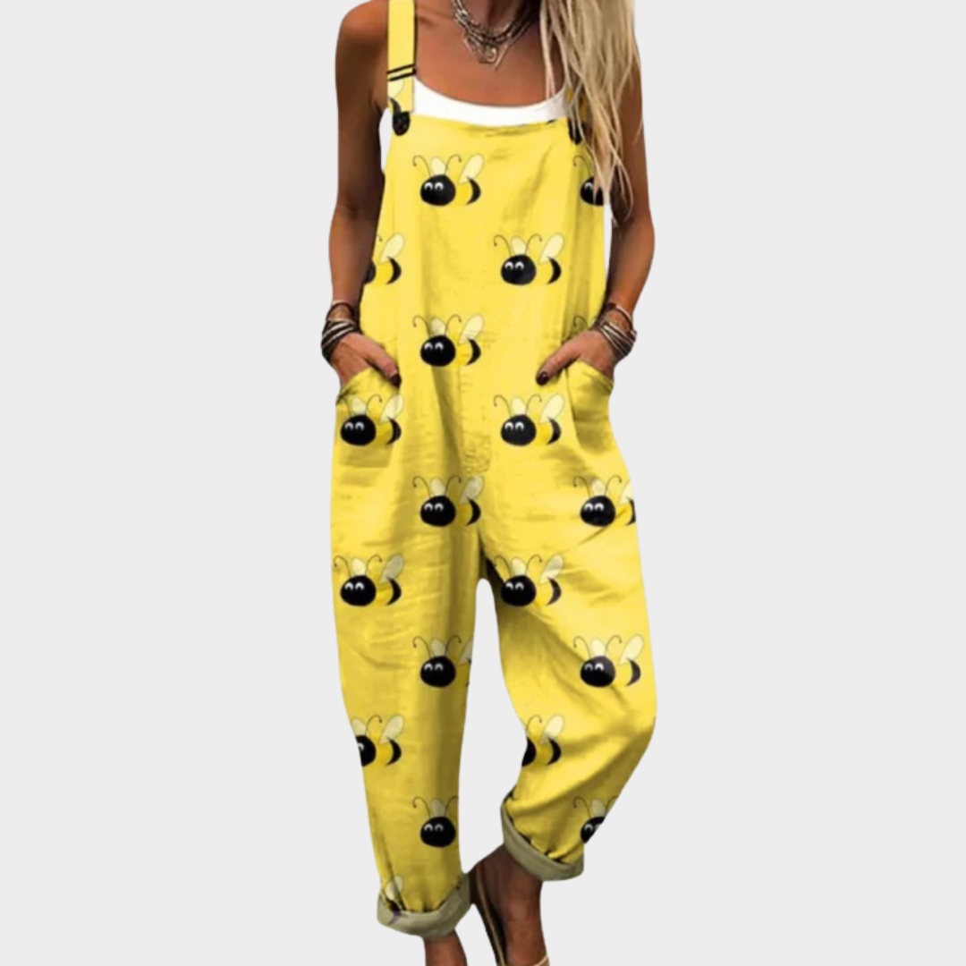 Comfortable Yellow Bee Print Dungarees, front view