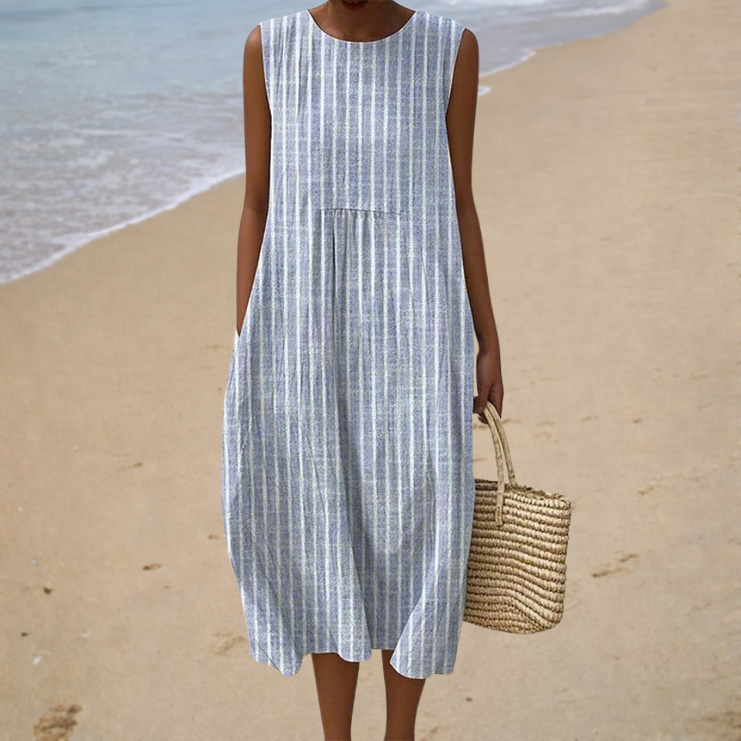 Comfortable Sleeveless Summer Dress, blue pinstripe, front view