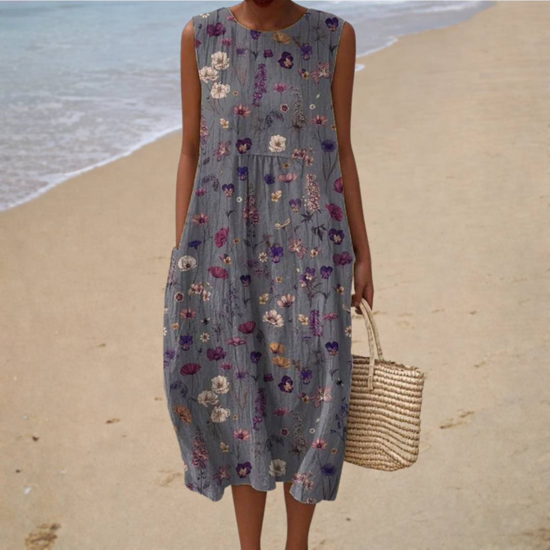 Comfortable Sleeveless Summer Dress, grey ditsy floral, front view