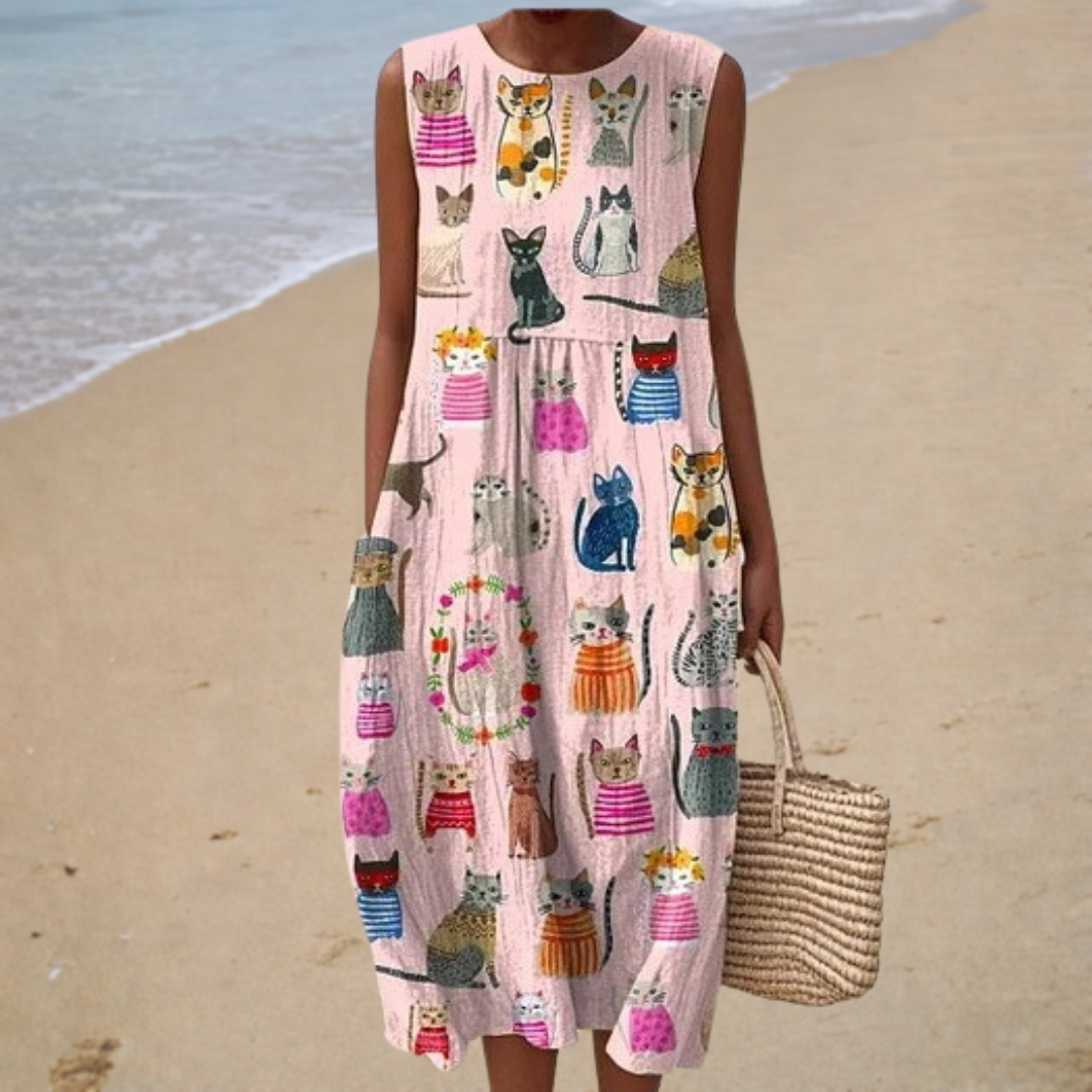 Comfortable Sleeveless Summer Dress, pink cat print, front view