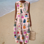 Comfortable Sleeveless Summer Dress, pink cat print, front view