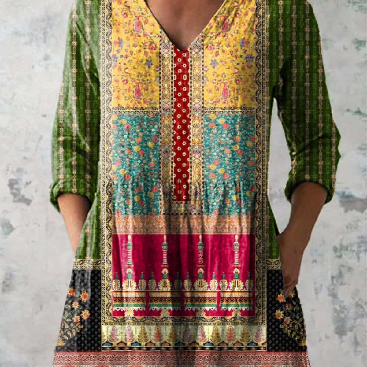 Emilie patchwork print V-neck blouse in Multicolour, front view