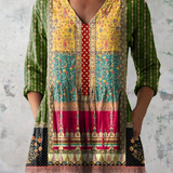 Emilie patchwork print V-neck blouse in Multicolour, front view